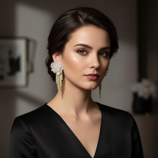 Elegant white flower earrings with sparkling diamond drops