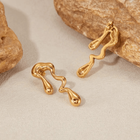 Gold Plated Stainless Steel Liquid Metal Water Drop Earrings – Waterproof & Anti-Tarnish