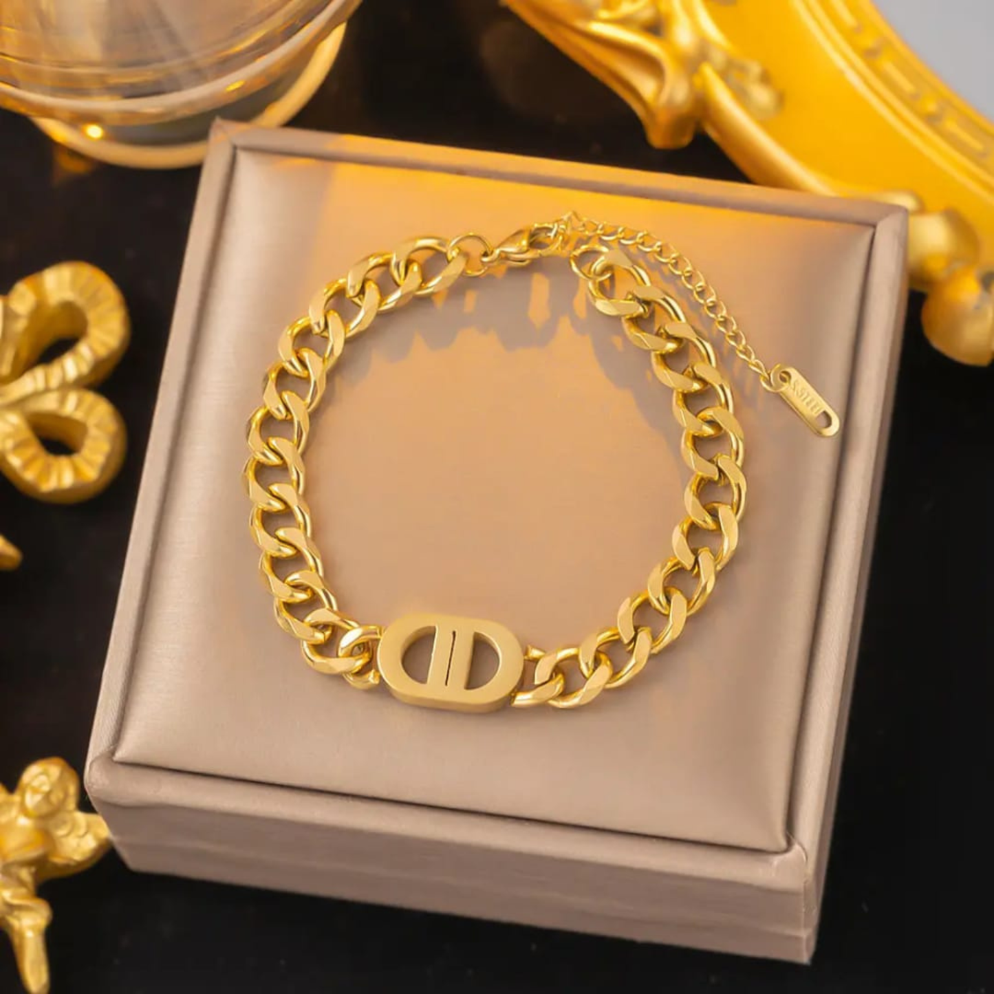 DD Logo Charm Necklace & Bracelet Set – Gold Plated Stainless Steel