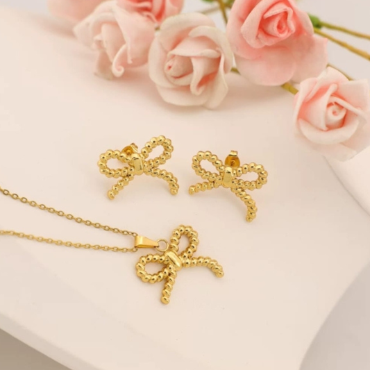 Bow Pendant Necklace & Earring Set – Stainless Steel
