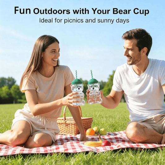 Cute Bear Shaped Glass Cup with Lid & Straw – Reusable Transparent Bear Tumbler for Coffee, Juice & Smoothies