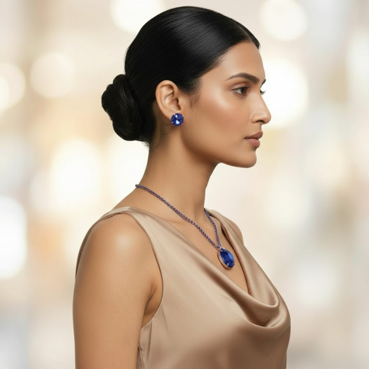 Gold Plated Blue Crystal Necklace & Earring Set