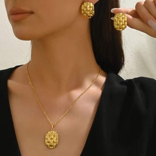 Gold Plated Oval Woven Mesh Texture Necklace and Earrings Set