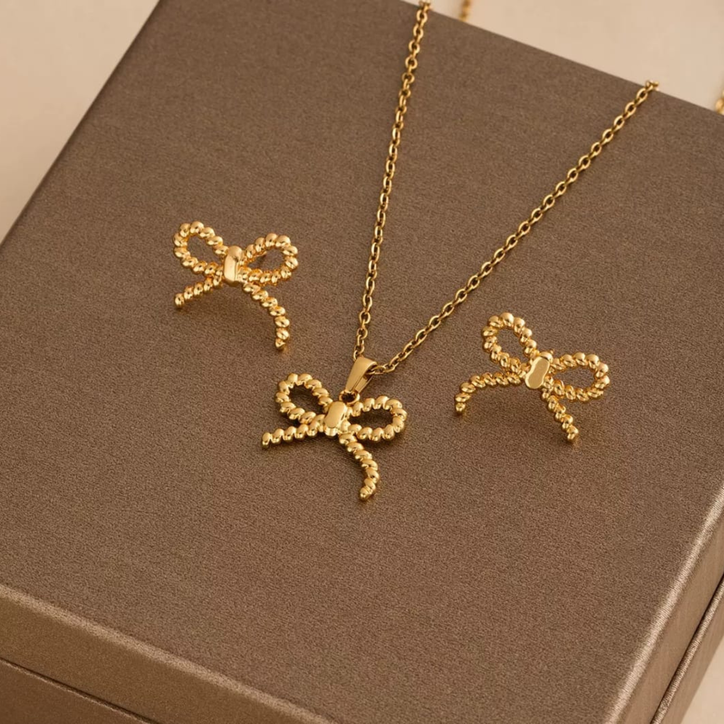 Bow Pendant Necklace & Earring Set – Stainless Steel