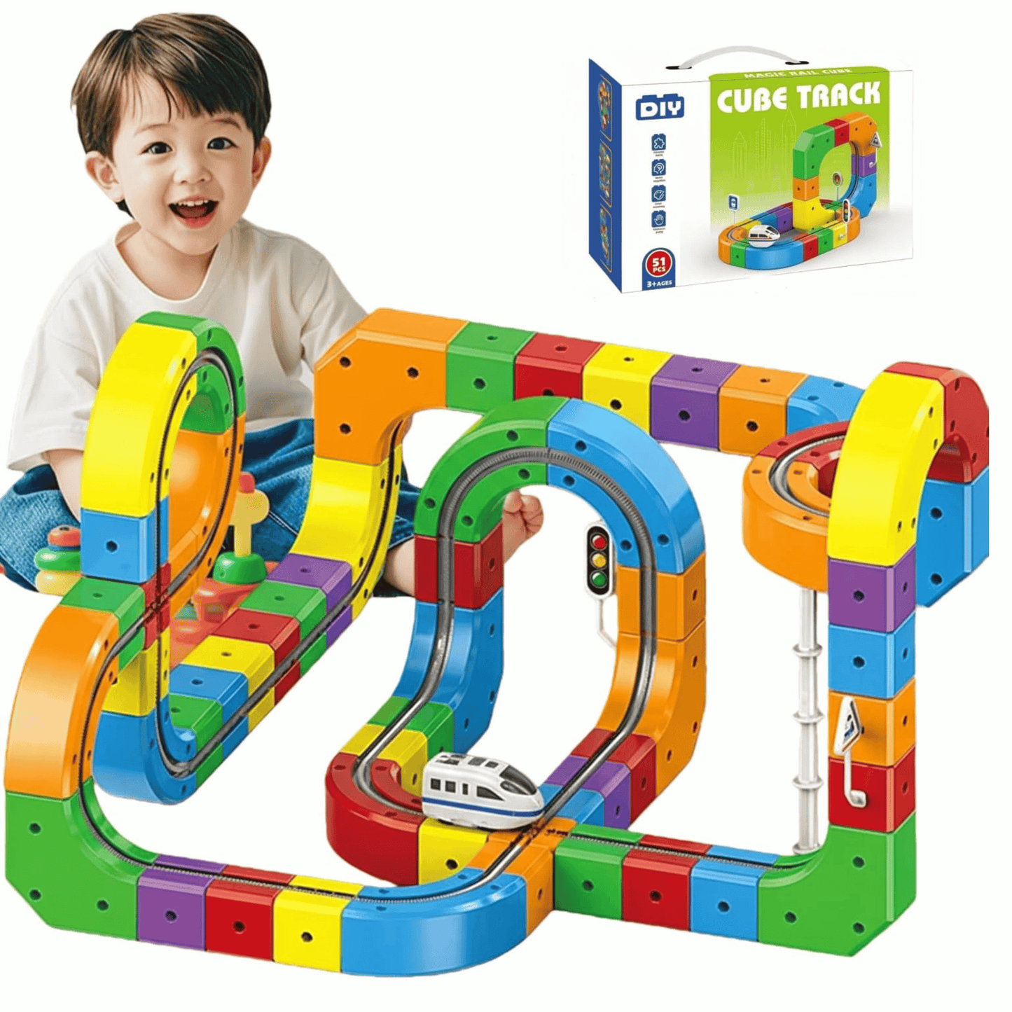 Electric Train Set with 3D Magic Flexible Race Tracks – Gravity-Defying STEM Toy (51 Pieces)