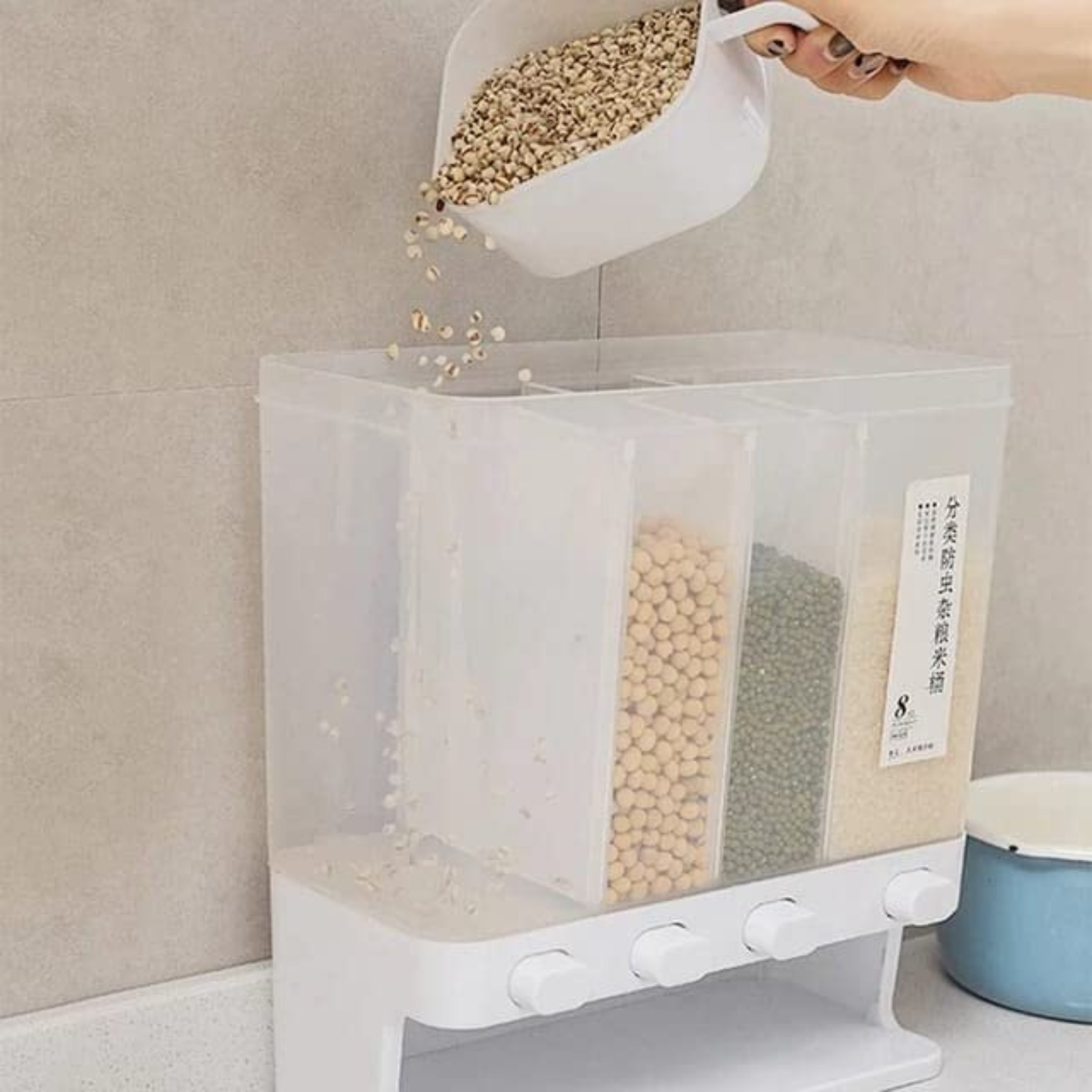 Wall-Mounted Dry Food Dispenser with 4 Grids | Cereal, Whole Grains, Rice, Beans, Lentils | Kitchen Storage Solution with Measuring Cup | Space-Saving Rice Storage Tank | Sleek Design