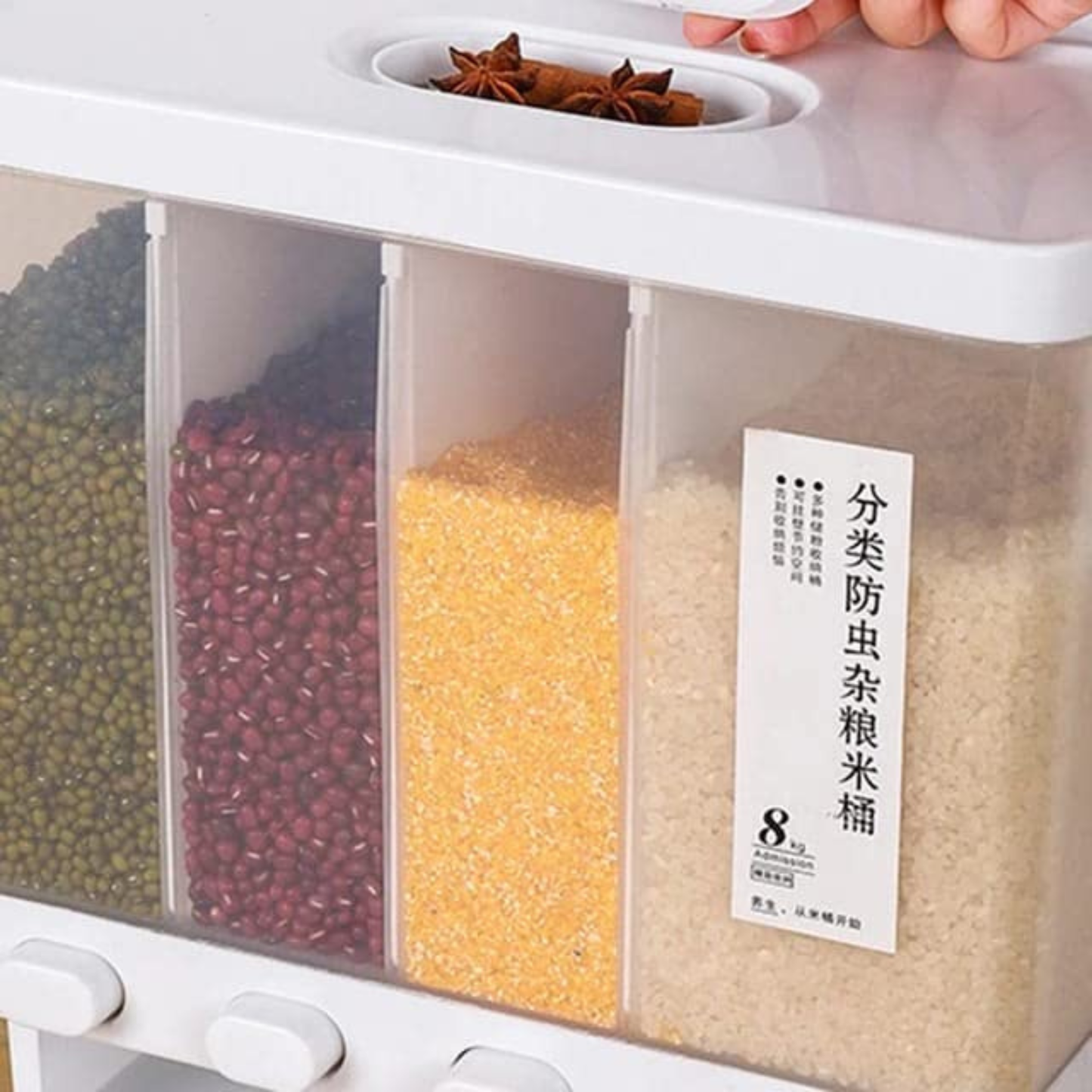 Wall-Mounted Dry Food Dispenser with 4 Grids | Cereal, Whole Grains, Rice, Beans, Lentils | Kitchen Storage Solution with Measuring Cup | Space-Saving Rice Storage Tank | Sleek Design