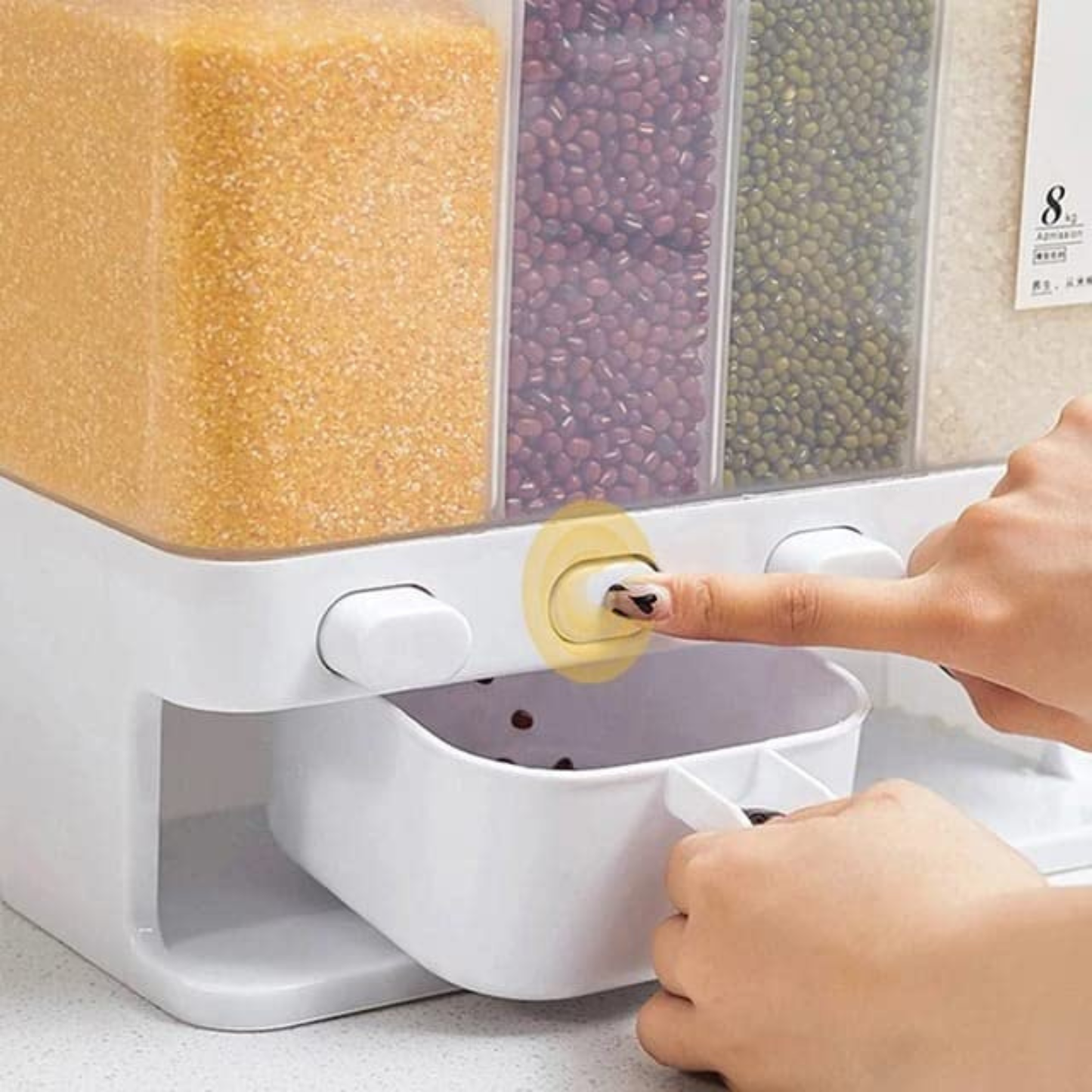 Wall-Mounted Dry Food Dispenser with 4 Grids | Cereal, Whole Grains, Rice, Beans, Lentils | Kitchen Storage Solution with Measuring Cup | Space-Saving Rice Storage Tank | Sleek Design