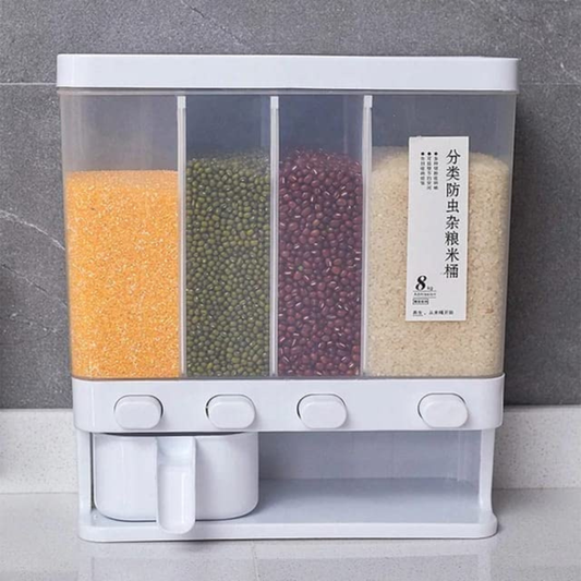 Wall-Mounted Dry Food Dispenser with 4 Grids | Cereal, Whole Grains, Rice, Beans, Lentils | Kitchen Storage Solution with Measuring Cup | Space-Saving Rice Storage Tank | Sleek Design