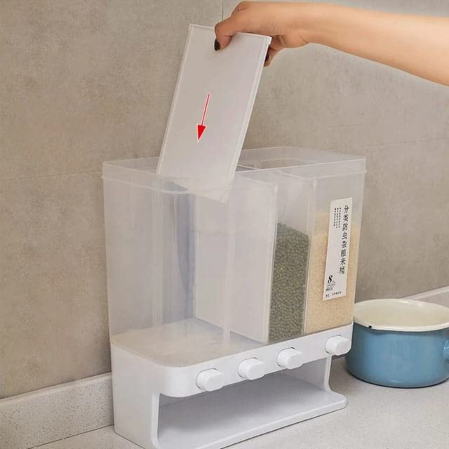 Wall-Mounted Dry Food Dispenser with 4 Grids | Cereal, Whole Grains, Rice, Beans, Lentils | Kitchen Storage Solution with Measuring Cup | Space-Saving Rice Storage Tank | Sleek Design