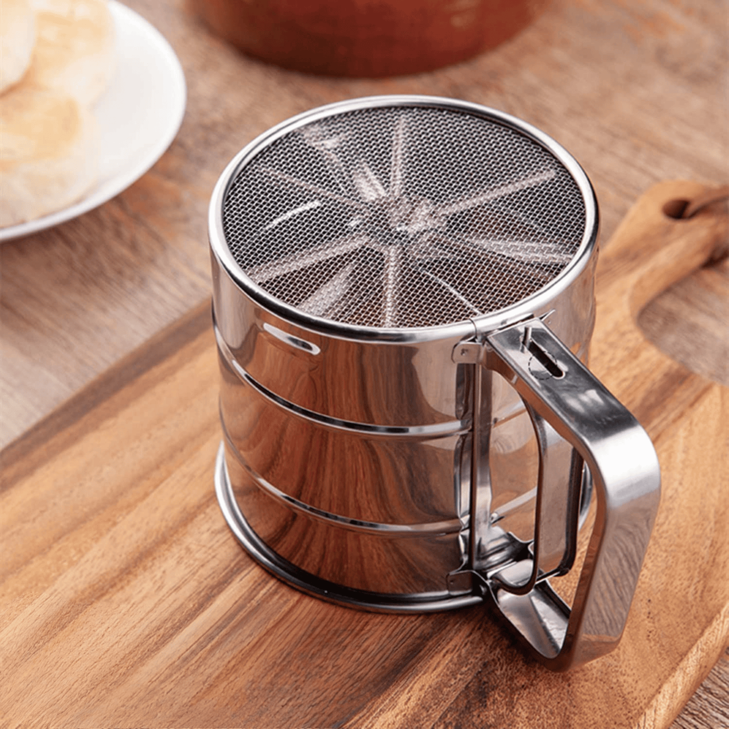 Stainless Steel Double Layer Flour Sifter with Hand Press Design