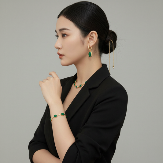 Oval Green Crystal Pendant Necklace Set With Bracelet