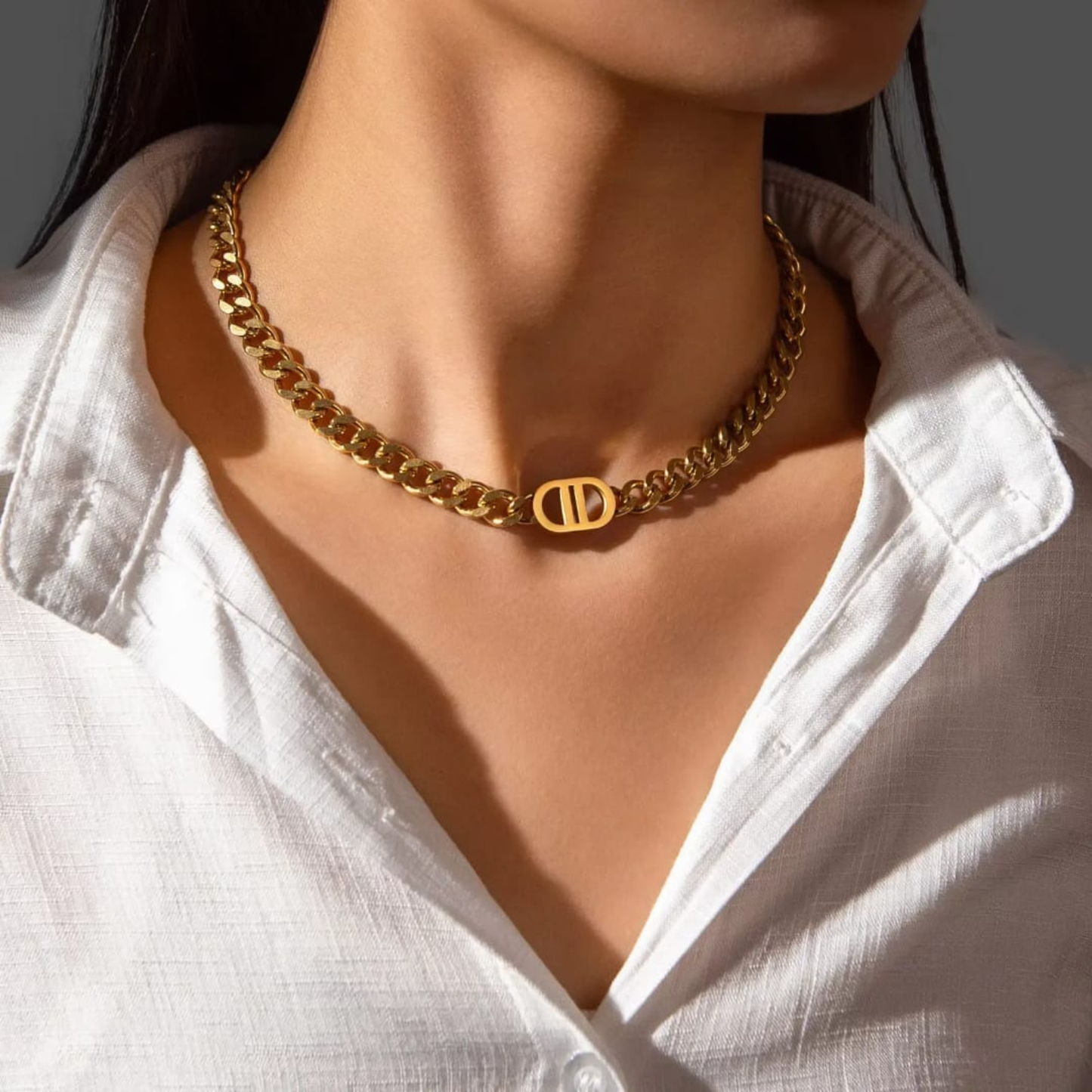DD Logo Charm Necklace & Bracelet Set – Gold Plated Stainless Steel