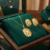Gold Plated Oval Woven Mesh Texture Necklace and Earrings Set