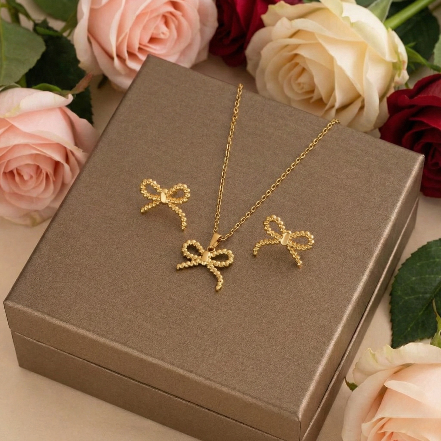 Bow Pendant Necklace & Earring Set – Stainless Steel