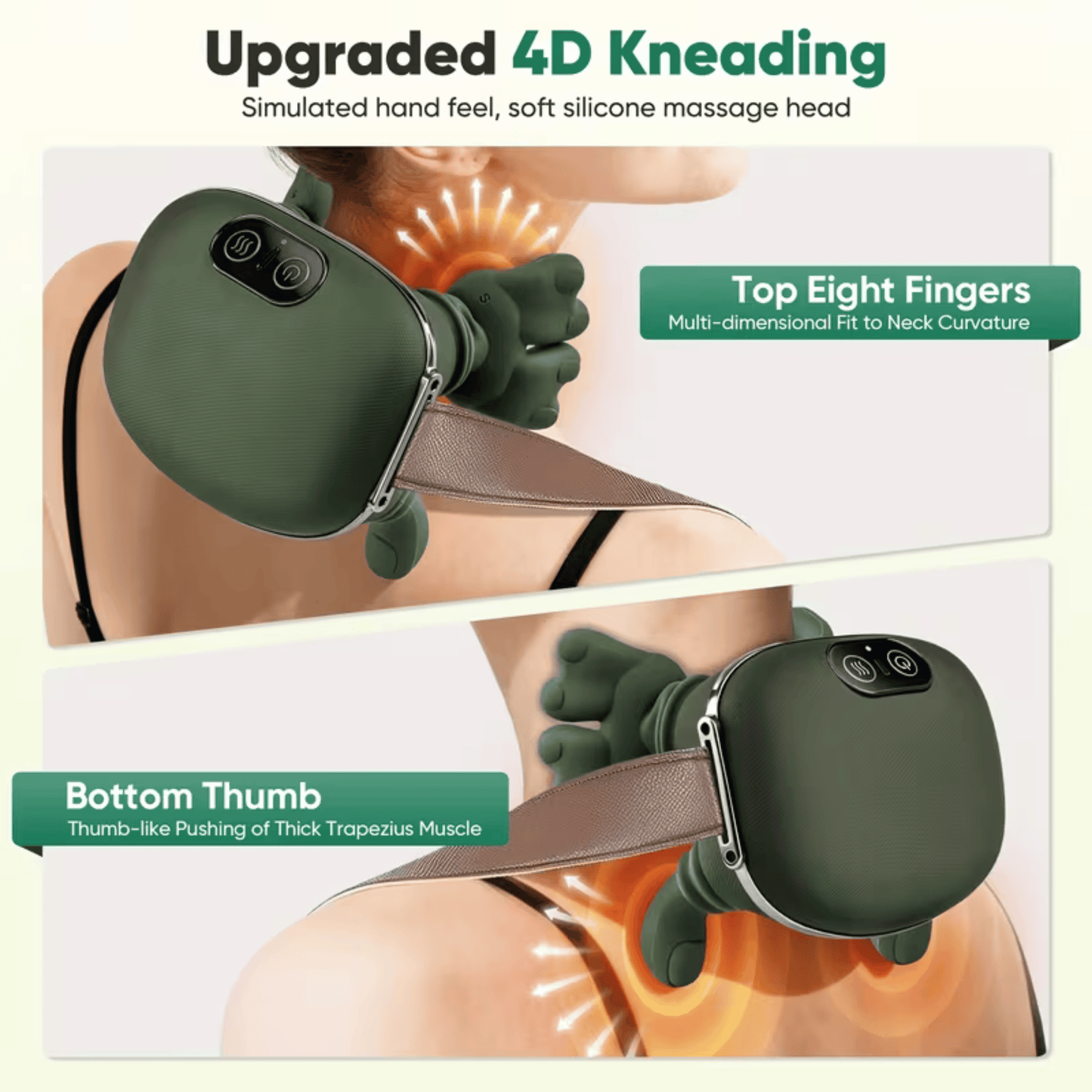 Bionic Heated Neck & Shoulder Massager – Wireless 4D Kneading Massage (Green)