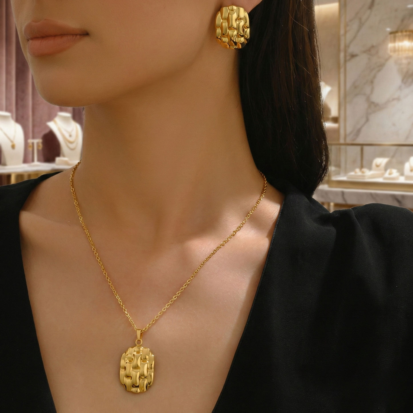 Gold Plated Oval Woven Mesh Texture Necklace and Earrings Set