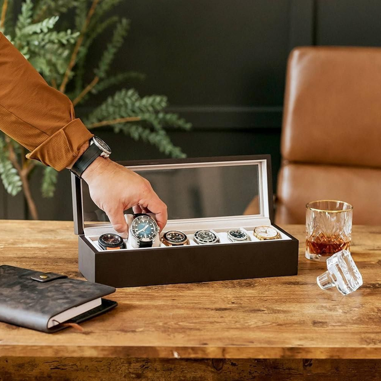 Wood Watch Box Organizer with Glass Display Top
