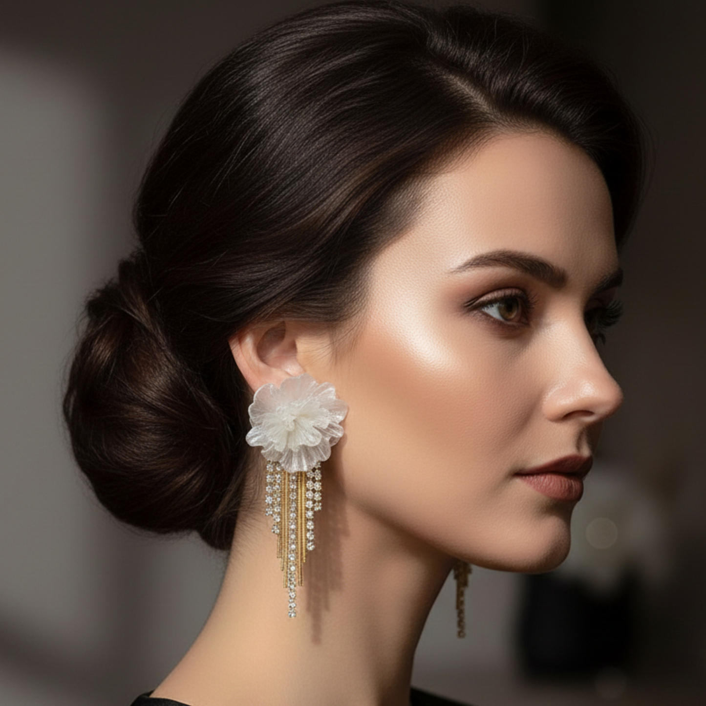 Elegant white flower earrings with sparkling diamond drops