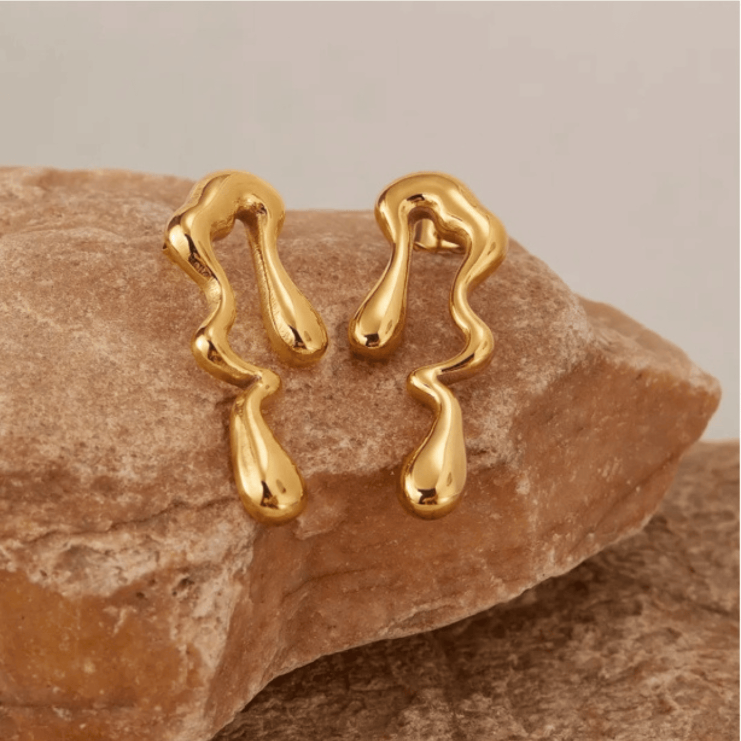 Gold Plated Stainless Steel Liquid Metal Water Drop Earrings – Waterproof & Anti-Tarnish