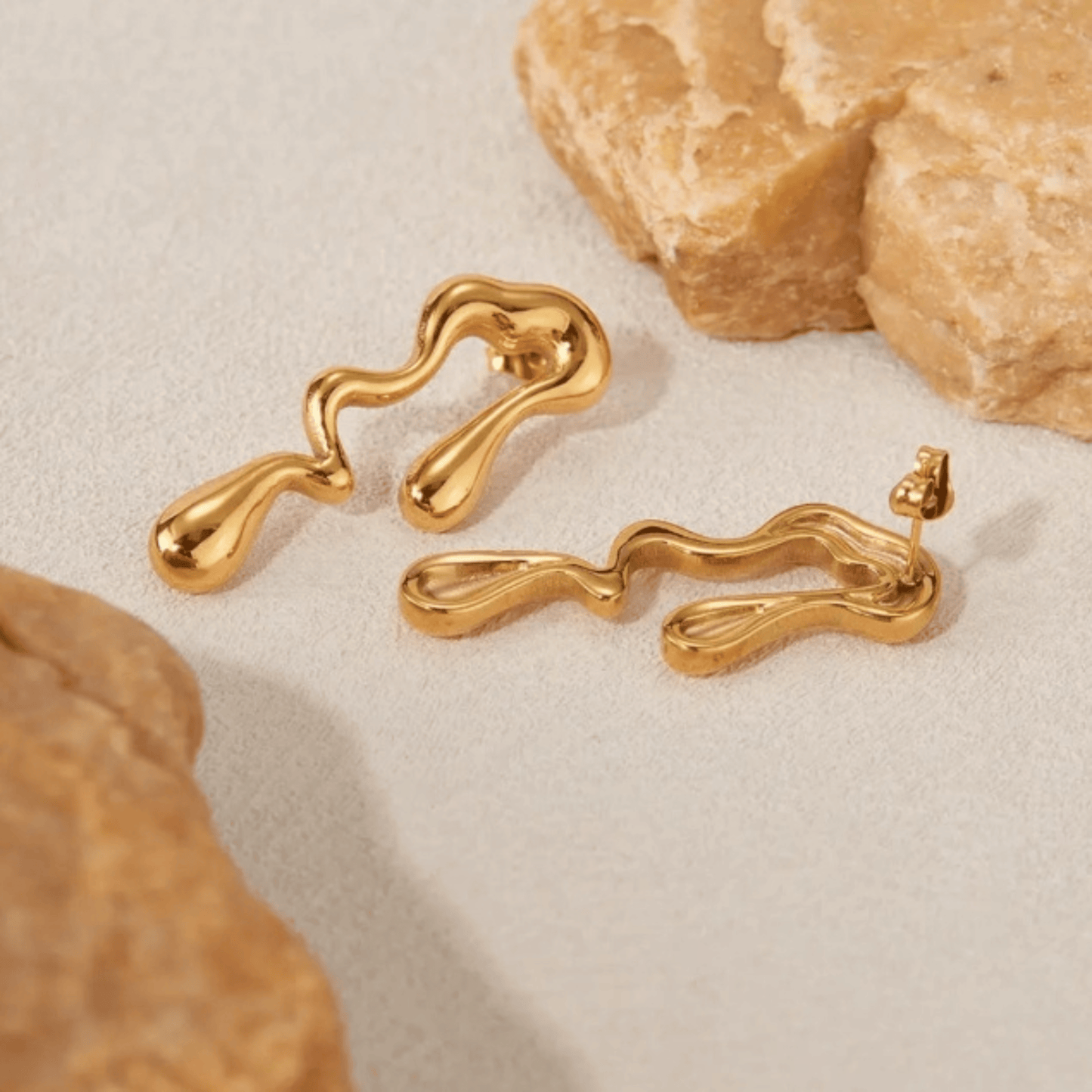 Gold Plated Stainless Steel Liquid Metal Water Drop Earrings – Waterproof & Anti-Tarnish