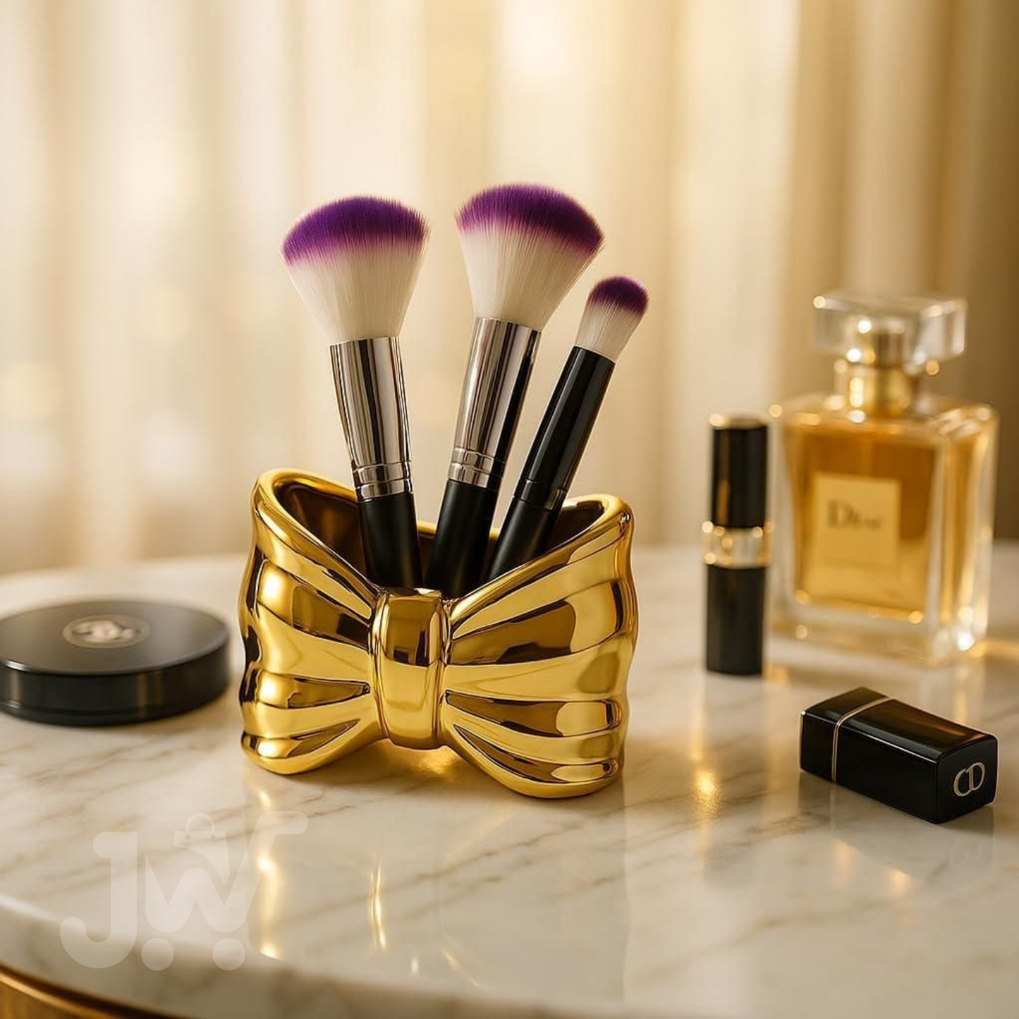 Elegant Bow Shaped Ceramic Organizer with Gold Finish