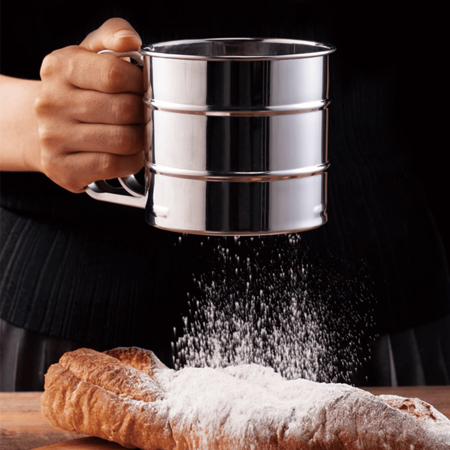 Stainless Steel Double Layer Flour Sifter with Hand Press Design