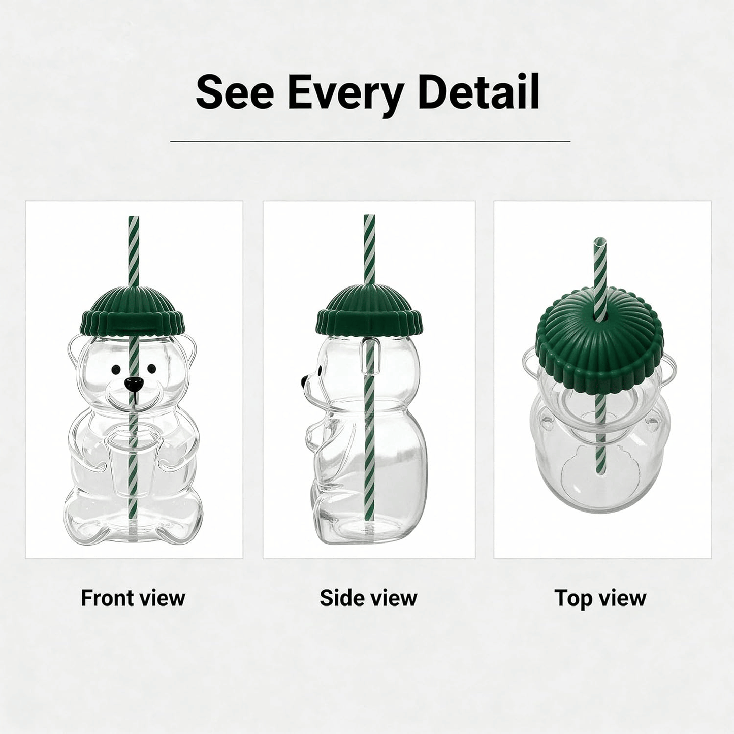 Cute Bear Shaped Glass Cup with Lid & Straw – Reusable Transparent Bear Tumbler for Coffee, Juice & Smoothies