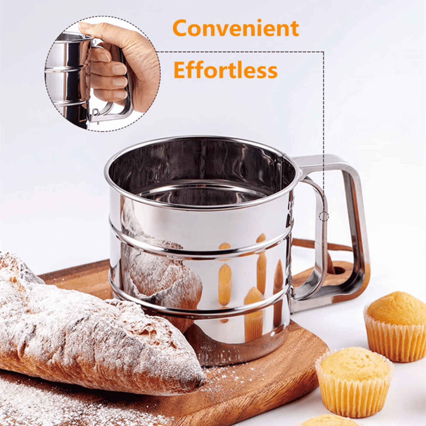 Stainless Steel Double Layer Flour Sifter with Hand Press Design