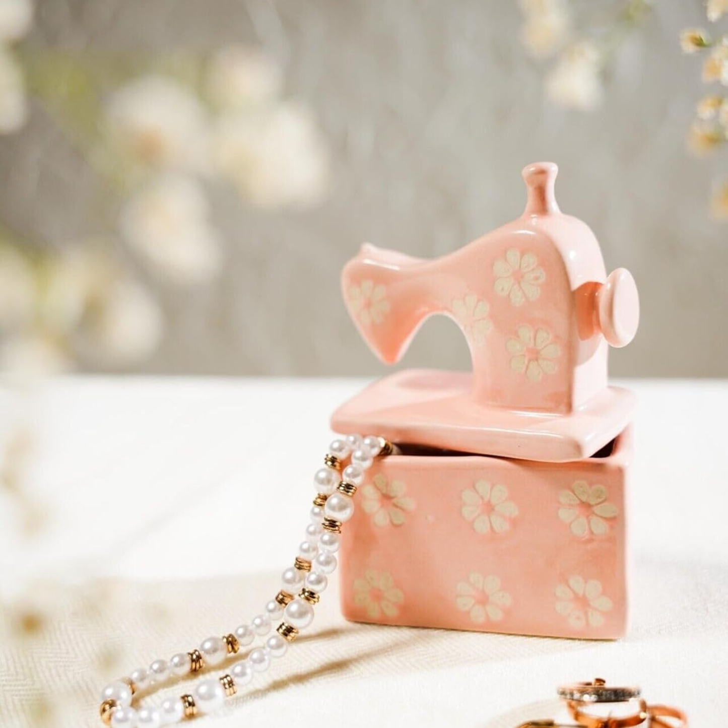 Handmade Kawaii Miniature Dollhouse Pink Ceramic Sewing Machine Trinket Box
